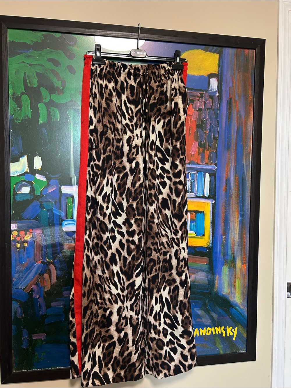 Q2 Leopard Print Wide Leg Pants with Red Side Stripe